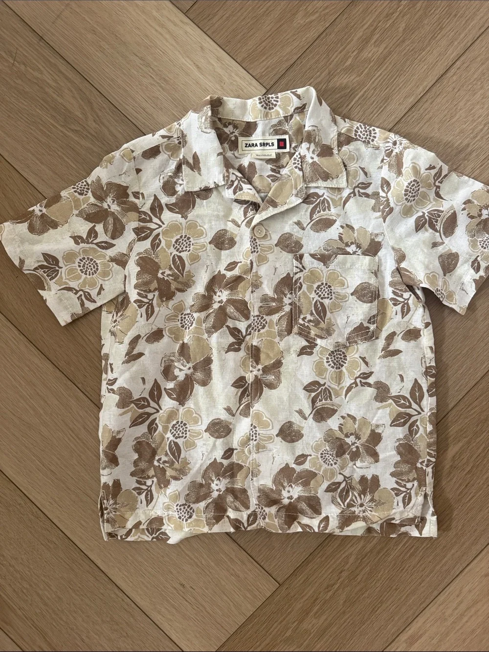 Zara Kids Floral Button-Down Shirt in White, Brown & Tan